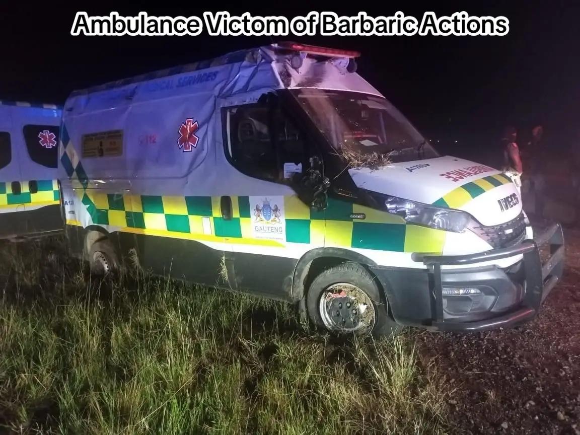 This morning upon returning from Hospital after an emergency call our ambulance was involved in a role over accident after large rocks where placed on the road between Ekangala and Bronkshortspruit. Our ambulance personal miraculously sustained only minor injuries and was transported to hospital. This act is barbaric and cowardly costing a life saving and valueble asset to be lost to serve it's community. As per Gauteng EMS