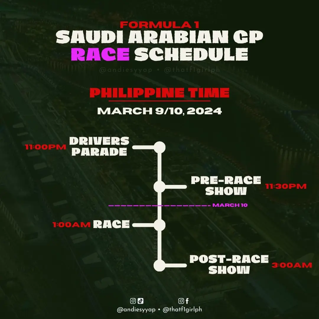 It is almost time for the main event, the Race of the Saudi Arabian Grand Prix 🇸🇦! Here is our starting grid for today's race, as well as the schedule - from the driver's parade all the way up to the post-race show. Who do you think will win 🤔? Will see Max Verstappen as the winner & hear the Netherlands’ National Anthem? Or could we see someone like Charles Leclerc or Checo Pérez finish in P1? And what can we expect from young Ollie Bearman 🏎️👀? #raceweek #saudiarabiangp #jeddah #formula1 #f1 #f1news 