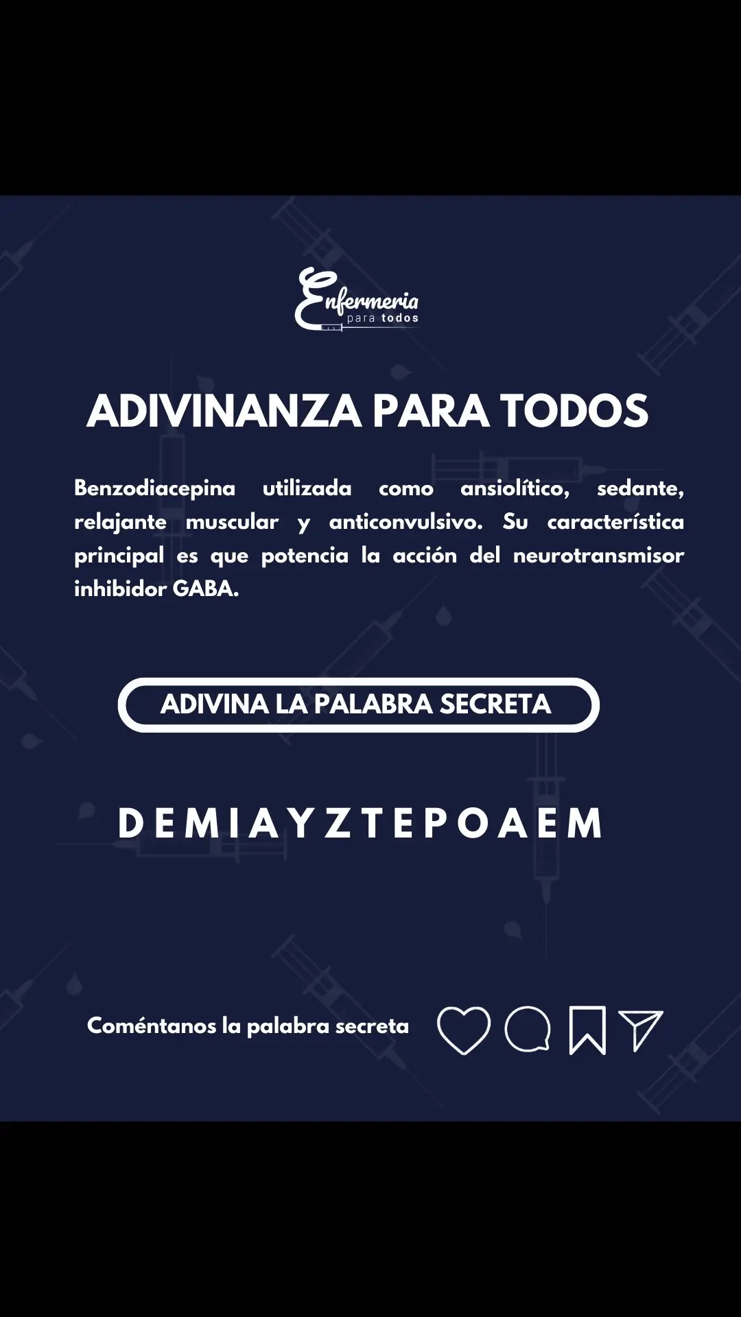 🔍🤔 ¿Estás listo para un desafío de palabras? ¡ADIVINAZA PARA TODOS! PISTA ➡️ Benzodiacepina utilizada como ansiolítico, sedante, relajante muscular y anticonvulsivo. Su característica principal es que potencia la acción del neurotransmisor inhibidor GABA. ✅RESPUESTA:  Diazepam Coméntanos ➡️ tu respuesta ❤️ Guárdalo y Compártelo con tus colegas 🩺💉 Cuéntanos quieres ver más ADIVINAZA PARA TODOS? ➡️ #enfermeriaparatodos #cuidadosdeenfermeria #quizenfermeria #enfermeria #apuntesdeenfermeria #resumenesdeenfermeria 