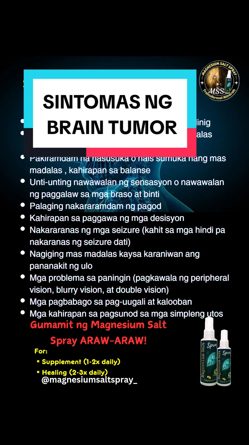 Ano nga ba ang MAGNESIUM SALT SPRAY? Ang MSS minerals ang content nya, pangunahin ang MAGNESIUM. Kaya po tayo nakakaranas ng ibat-ibang karamdaman dahil sa kakulangan ng mga minerals lalo na ang magnesium. Kapag naibigay natin ito araw2x sa katawan,kusa na pong mag-re-repair ang katawan o ma-aactivate na ang natural healing mechanism nito. #MSS #MAGNESIUMsaltSPRAY #NATURALnaPANLUNAS #magnesiumdeficiency #magnesiumbenefits #naturalnapanlunasadvocate #minerals #allinone  #transdermalmineralsupplement #amazing #health #miraclespray