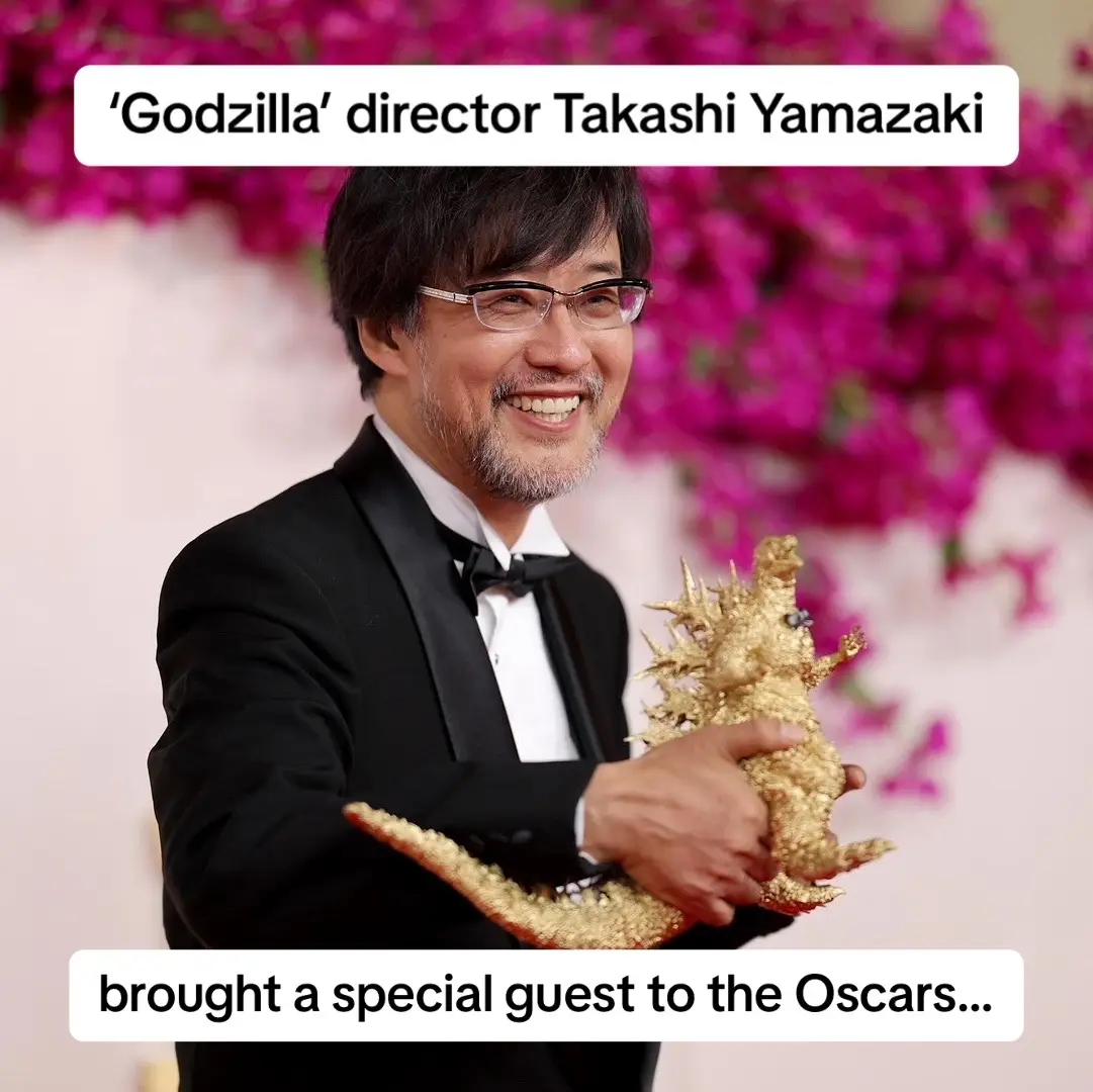 #TakashiYamazaki brought gold #Godzilla with a tiny bow tie to the #Oscars. I repeat: gold Goldzilla with a *tiny* bow tie.  Swipe to see all the awards season Godzillas together 💚 📸 via Getty