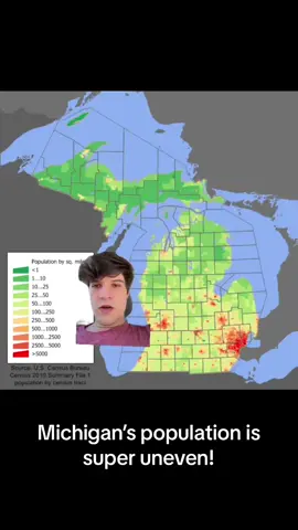 Examining Michigan’s population map! #Michigan is the 10th most populous state, with about 10.1 million residents (more than 105 countries), but the overwhelming majority of these residents live in the southern 1/3 of the state, with nearly half of the state living in metro #Detroit alone, which includes large cities like #AnnArbor, #Warren, #Dearborn, #SterlingHeights, etc. Other major population centers in southern Michigan include #Flint, #Saginaw, #GrandRapids, #Kalamazoo, #Muskegon, #BattleCreek, and the capital #Lansing, but the further north you go, not only does the land become less suitable for agriculture, but the harsher winters get, which helps explain why the #UpperPeninsula is only home to 3% of Michigan’s population (despite being 1/3 of the state’s land area). #Marquette, the biggest city in the UP, is the 95th most populous municipality in the state. Once you go north, the economy of Michigan becomes much more reliant on mining, timber, and tourism, which are not typically industries that command large population centers, but it does explain why #TraverseCity is so large, as its the gateway to a major tourism region within the state, nearby #SleepingBearDunes and the islands of #LakeMichigan. What state should I cover next? #population #populationmap #geography #geographyjoe #populationdensity #greatlakes #midwest #usa #america #usageography #education #history #ontario #greenscreen #lakesuperior #lakehuron #lakeerie #map #maps 