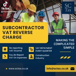 SUBCONTRACTOR - VAT Reverse Charge ❌ - You don't report VAT on income from CIS contractors. ✅ - You do report VAT expenses. ✅ - VAT REPAYMENT EVERY QUARTER For more information on how we could save you money contact us or book in a Free Consultation. Book in a free consultation via www.sctax.co.uk or email us at info@sctax.co.uk #valueaddedtax #tax #SmallBusiness #fyp #foryou