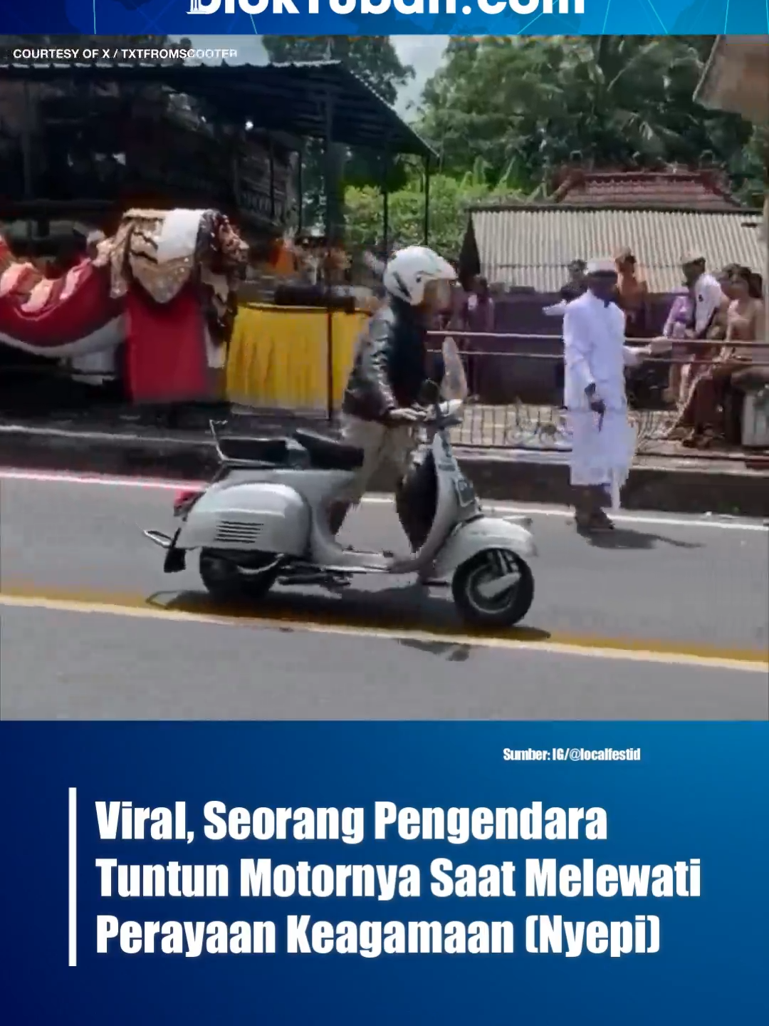 Seorang pengendara motor vespa turun dari kendaraannya dan memilih untuk menuntunnya saat melewati acara keagamaan Nyepi pada Senin (11/03/2024). Aksinya tersebut terekam oleh salah satu orang di lokasi setempat. Tindakan perhatian yang penuh pengertian ini menonjolkan pentingnya toleransi dan saling pengertian di jalan raya, #nyepi #motor #tuban #bloktuban