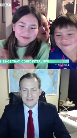 An academic who accidentally went viral after his young family gatecrashed his interview with the BBC has appeared in a new live interview with his children seven years on. The hilarious clip has been seen millions of times, and the new interview is just as chaotic as the original - as Prof Robert Kelly says his children are still as 'loud and boisterous' as ever. 🎥 ITV/BBC #bbcdad #interviewdad #bbc #southkorea #viral