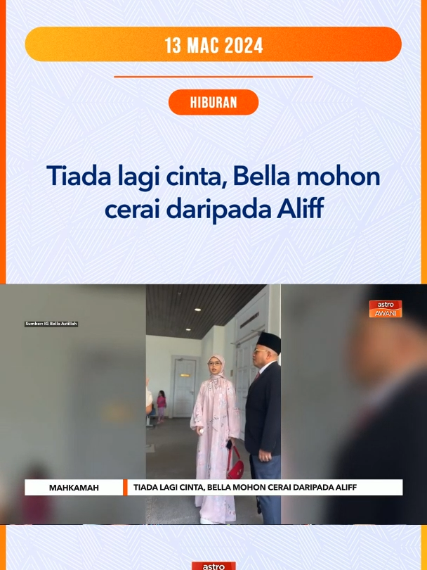 Pelakon, Bella Astillah telah memfailkan permohonan cerai terhadap suaminya, pelakon dan penyanyi, Aliff Aziz di Mahkamah Rendah Syariah Wilayah Persekutuan Kuala Lumpur pada Isnin lalu. #AWANInews