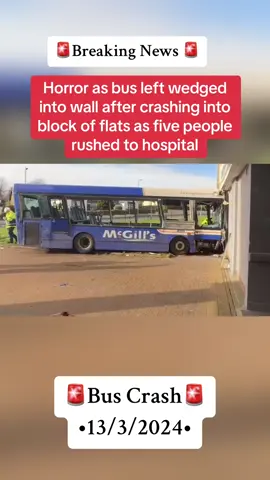 Horror as bus left wedged into wall after crashing into block of flats as five people rushed to hospital #CapCut #breakingnews #news #crimescene #crimestories #police #crime #999 #trending #trending #viral 