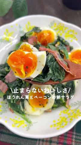 止まらないおいしさ♡ほうれん草とベーコンの卵サラダ𓎩𓌉𓇋 ‎ ⁡ ⁡ 簡単でおいしいほうれん草のサラダ🥗！ ベーコンと卵が入っていてボリューム満点💯 ⁡ ⁡ 大人2人前 ⏰所要時間10分 ⁡ ◻︎冷凍ほうれん草200g ◻︎ハーフベーコン4枚 ◻︎ゆで卵3個 Aマヨネーズ大さじ2 Aめんつゆ(2倍濃縮)大さじ1/2 A砂糖大さじ1/2 A塩コショウ適量 Aブラックペッパー適量 ⁡ 1 冷凍ほうれん草を解凍する。 (生のほうれん草でもOK) しっかり水気を切る。 ⁡ 2 ベーコンは1cm幅に切り、 両面がカリっとするまで焼く。 ⁡ 3 ゆで卵を入れて食べやすい大きさに切り、 Aを加えて和える。 ⁡ ⁡ 投稿が良いと思ったらイイネお願いします︎👍🏻 ̖́- 作ってほしいものがあったらぜひコメントしてね💬 ⁡ ⁡ #あぴサラダ料理 #あぴほうれん草料理 #あぴベーコン料理 #あぴたまご料理 ⁡ ⁡ ⁡ ⁡ ⁡ ⁡ #時短料理 #時短レシピ #簡単ごはん #簡単料理レシピ  #ほうれん草レシピ　#サラダレシピ　#サラダダイエット #主婦クッキング #おかずレシピ  #卵レシピ  #園児弁当 #幼児食レシピ #幼児食プレート #幼児食献立