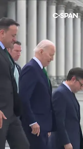 President Biden, Speaker Mike Johnson (R-LA) and Irish Prime Minister Leo Varadkar walk down the Capitol steps to the sound of bagpipes following the annual Friends of Ireland luncheon on Friday. #potus #biden #speakerofthehouse #mikejohnson #ireland #taoiseach #leovaradkar #stpatricksday #cspan