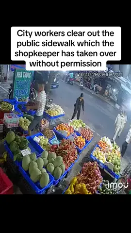 City workers are seen throwing boxes of fruit away in the rubbish truck after warning the shopkeeper several times to not extend his shop space to the public sidewalk. Who is in the wrong here?