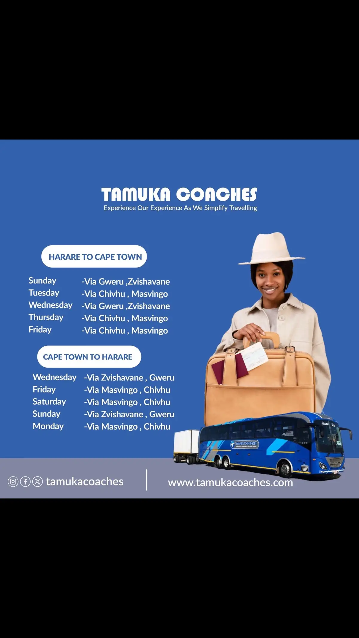 Cape town to Harare and Harare to Cape town travelling days You can book your ticket on our mobile application and Website #tamukacoaches #chiutsi_utsi #tamukaluxury #zimbabwe #capetown 