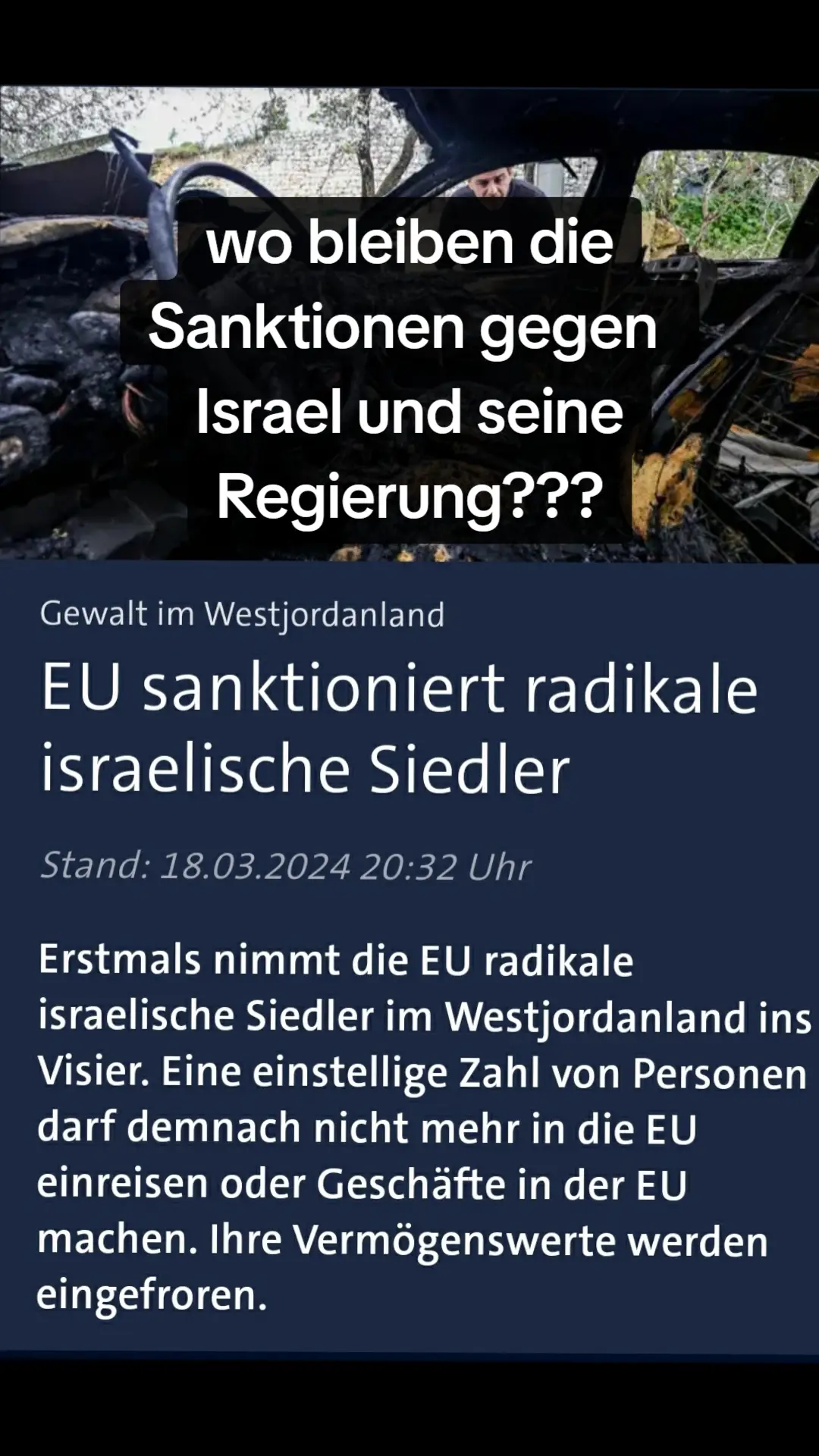 sehr Heuchlerisch von der EU, wenn sie nur einzelne Siedler Sanktioneren die seit Jahrzehnten das Völkerrecht brechen, aber die Regierung verschont, die das Völkerrecht nicht anerkennt!!! #fyp #eu #union #europeanunion #foryou #foryoupage #fürdich #news #2024 #sanctions #illegal  #settler #europe #deutschland 