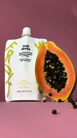 Fruit Works Body Scrub & Mask  ✨   A dual use scrub & mask that gives you both chemical and physical exfoliation to tackle breakouts, bumps, dryness and KP.   Containing: PAPAYA   Papaya Seed Oil helps to unclog pores, soothe irritated skin, remove dead skin cells and is both nourishing and restorative.   Save 20% off your first order when you sign up at fruitworksengland.com.  🤑
