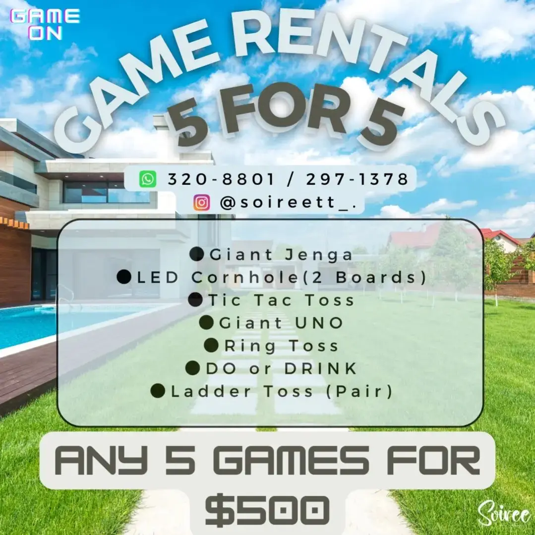 THIS ISN'T A SPECIAL‼️ THIS ISN'T A PROMOTION‼️  ‼️THIS IS AN ALL TIME OFFER ‼️ GET 5 GAMES FOR $500 (RENTAL COST) @Denzel #giantgames #rental #soireeeventsolutions #giantjenga #ledornhole #gianttictactoe #giantuno #ringtoss #doordrink #laddertoss #trini_tiktoks #trinidadandtobago 
