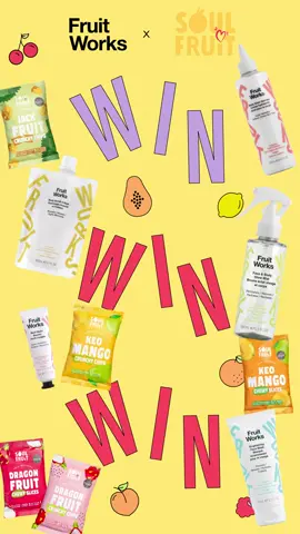 🥭 FRUITY GIVEAWAY🍊   We have teamed up with @soulfruituk to give 1 lucky winner the ultimate fruity bundle because we're all about embracing the incredible power of fruits, whether it's for a healthy lifestyle or glowing skin.✨   Prize includes: 🍒 Fruit Works Head to Toe 5 Step Glow (containing 5 full size products worth £46) 🍒 Soul Fruit Discovery Box (containing 10 delicious bags of dried superfruits worth £15)   To enter to win, you just need to:  👉 Follow @fruit_works and @soulfruituk 👉 Like this post 👉 Tag a friend   T&Cs: Entry ends midnight on Tuesday 26th March. Giveaway running across both Instagram and TikTok. Winner is to be contacted directly via DM by @fruitworks only. Any fake accounts attempting to ask for your details are not us and we kindly request that you report and block these accounts.