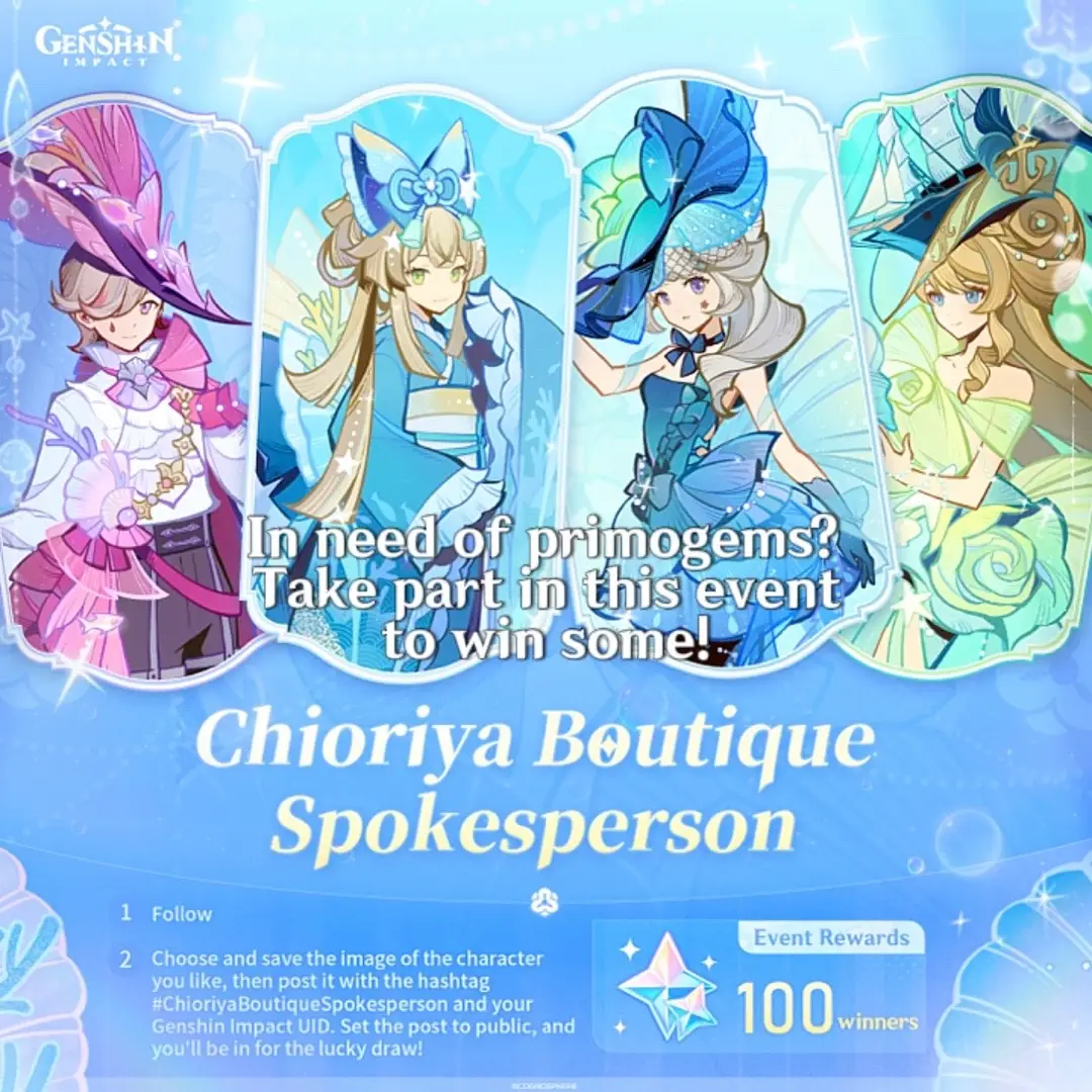 #EXUMIKO — UID: 830564447 | (to MAYBE win some, only a 100 out of ALL playforms.) its the #chioriyaboutiquespokesperson event! You can (i think) win 160 primogems, all you have to do is post a picture of your favorite Chiori design: be sure to use the hashtag previously shown in the caption ^^ result annoucements will be made on march 29th 2024! Will you participate? Sorry about the low quality </3 [ #GenshinImpact #hoyoverse #yaemiko #genshinmoments #genshinimpactmemes #viral ]