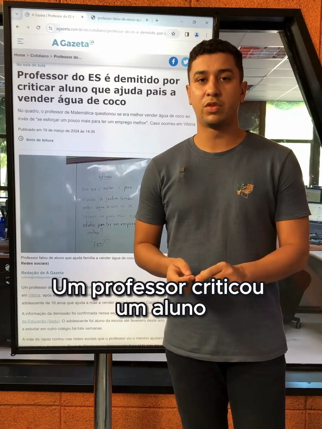 Professor do ES é demitido por criticar aluno que ajuda pais a vender água de coco #agazetaes #professordemitido #foryou #fyp #espiritosanto