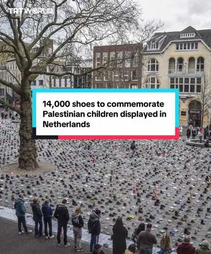 14,000 children’s shoes were laid out at Vredenburgplein Square in Utrecht, the Netherlands on March 17, representing the number of Palestinian children killed by Israeli air strikes in besieged Gaza. During the commemorative event, a new pair of shoes was added to the display every ten minutes to symbolise that on average, one Palestinian child has been killed every ten minutes by Israeli air strikes on the Palestinian enclave since Oct 7.