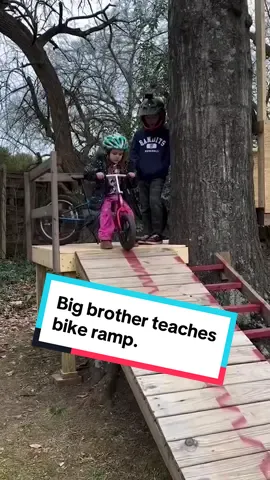 This little girl is nervous to go down the tall bike ramp. Luckily her big brother is here to teach her how it’s done. #sportskind #Siblings #family #bike