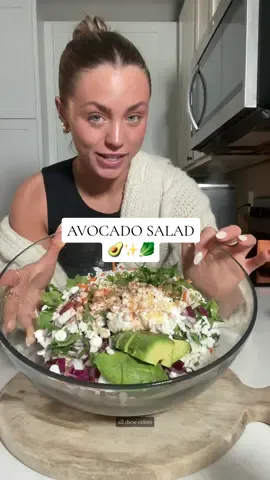 Avocado salad - recipe below!! perfect crunchy addition to your dinner or add some extra greens and a protein to make it your main meal 🤌🏼  Ingredients: 1 bag @Josie’s Organics coleslaw mix 1/2 red onion, diced A bunch of cilantro, chopped 1 avocado, diced 1 heaping tbsp @FAGE greek yogurt A little shake of goat cheese Juice of 1 lime  Drizzle of honey (@Mike’s Hot Honey if you have it!!) Dash of cayenne pepper Dash of cumin Salt and pepper  Dash of garlic powder  Instructions: Add all ingredients to a bowl, mix, and enjoy 😚  #DinnerIdeas #healthydinner #mealideas #cookwithme #healthymeals #cookingvlog #cookingvideo #avocadosalad 