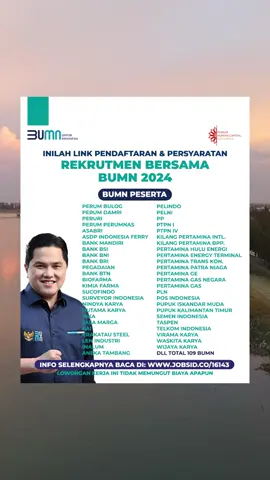 Inilah Link Pendaftaran dan Persyaratan Rekrutmen Bersama BUMN Tahun 2024 Untuk SMA/SMK, Diploma, S1 & S2 | Fresh Graduate/Berpengalaman | Total 1.830 Lowongan - Persyaratan Lengkap, Lokasi & Cara Melamar Buka Link Di Bawah - Lowongan Kerja Ini Tidak Memungut Biaya Apapun Persyaratan Lengkap, Lokasi & Cara Melamar: www.jobsid.co/16143 #lowongan #lowongankerja #jobs #job #karir #loker #lowonganterbaru #lowonganfreshgraduate #lokerfreshgraduate #indonesia #jobsid #bumn #lowonganbumn #lokerbumn #pegawaibumn #rekrutmenbersamabumn #rekrutmenbersamabumn2024 #rbb2024 #sma #smk #semuajurusan #lokersma #lokersmk #lokersemuajurusan 