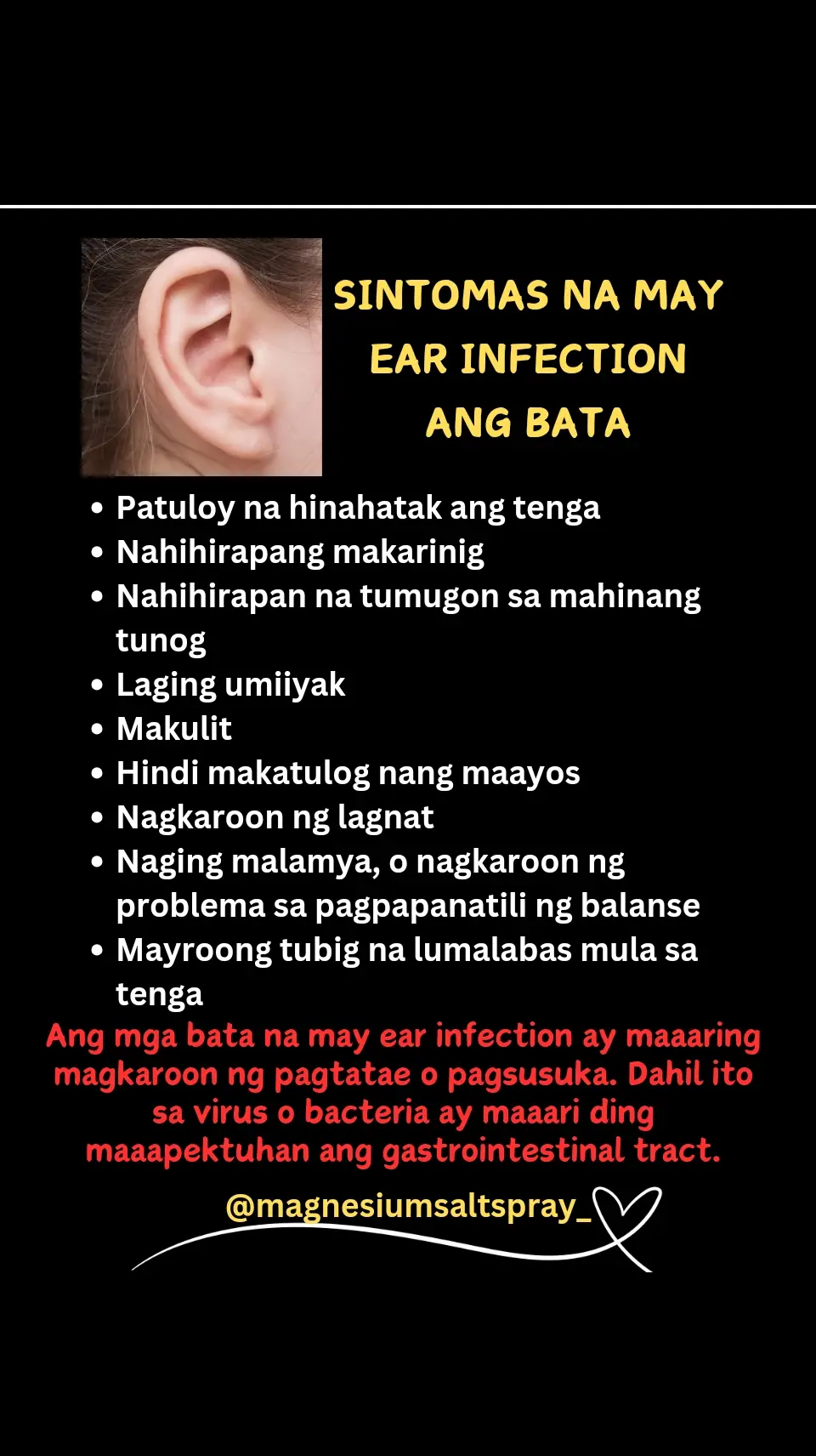 Ano nga ba ang MSS o MAGNESIUM SALT SPRAY? Ito ay pinagsama-samang nga MINERALS,pangunahin ang MAGNESIUM, na inilagay sa isang bote at ipinapahid lang sa BALAT o sa apektadong bahagi,NAPAKALAKI ng kinalaman ng pagkakaroon ng ibat-ibang karamdaman kapag NAWAWALAN ng SAPAT na MINERALS o kaya hindi ito balanse, kaya kapag nabigyan mo ng sapat na minerals ang katawan mo kusang magsisiwalaanbang mga nararamdaman dahil naa-ACTIVATE nito ang NATURAL HEALING MECHANISM,lalo Kong masasabayan ng iba pang mga bitamina lalo ng mayaman sa Bvitamins o Bcomplex,at SAPAT na inom ng tubig,tulog at ehersisyo at makapag paaraw, alisin ang galit sa puso, piliin laging sumaya. Ang kahit anong karamdaman ay maaring GUMALING kapag naibigay mo ang kakailanganin ng iyong katawan. #MSS  #allinone #miraclespray  #NATURALnaPANLUNAS  #MAGNESIUMsaltSPRAY  #naturalnapanlunasadvocate  #pisikpisiktanggalangmgasakit  #TRANSDERMALmineralSUPPLEMENT  #foryou #health 