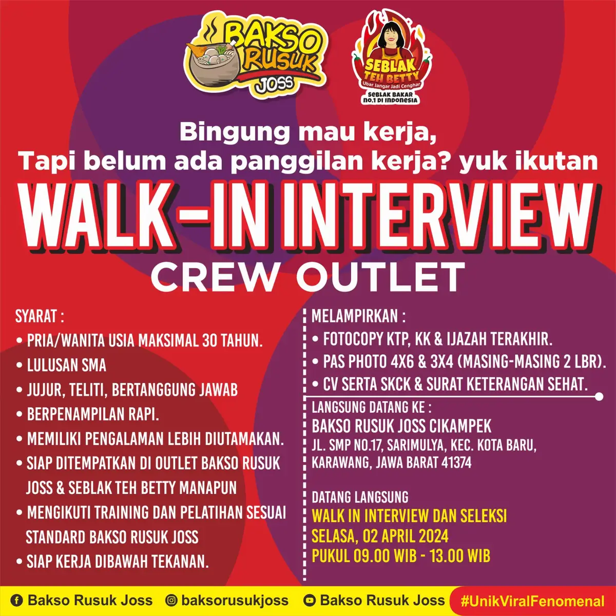 [ WALK-IN INTERVIEW BAKSO RUSUK JOSS CIKAMPEK & CIREBON ] Kualifikasi sesuai gambar diatas Walk-in Interview dan seleksi Cabang Cikampek Tanggal : 2 April 2024 (Selasa) Pukul : 09.00 WIB - 13.00 WIB  LANGSUNG DATANG KE : 📍BAKSO RUSUK JOSS CIKAMPEK Jl. SMP No.17, sukaseuri Sarimulya, 📞 0852-4008-0050 —————- Walk-in Interview dan seleksi Cabang Cirebon Tanggal : 4 April 2024 (Kamis) Pukul : 09.00 WIB - 13.00 WIB  LANGSUNG DATANG KE : 📍BAKSO RUSUK JOSS CIREBON Jl. Dr. Wahidin Sudirohusodo No.19,  📞 0813-9000-5551 #loker #jobstreet #loker2024 #lokerterbaru2024 #lokerindonesia #explorecirebon #lokerbekasi #cikampek #lokerkuliner #lokercikampek #subang #lokerjabodetabek #bandung #lokercikarang #lokerkarawang #walkinterview #cimahi #instafood #viralbanget #lokerindonesia #lokerbogor 