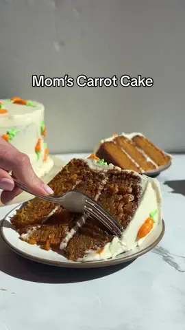 Mom’s carrot cake is one of our most requested recipes. The carrot cake is moist, lightly spiced and truly the best carrot cake we have ever had. #carrotcake #carrotcakerecipe #cake 