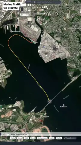An animation provided by Marine Traffic, a global ship tracking and maritime analytics platform, showed the Singapore-flagged container vessel Dali leave the Port of Baltimore, before turning in the Patapsco River and heading towards the Francis Scott Key Bridge.  Read more on abc7chicago.com | #news #fyp #bridgecollapse #baltimore