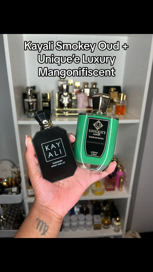 @Kayali #Oudgasm Smokey Oud: rum, saffron, geranium, patchouli, cedar, guaiac wood, vanilla, white musk, oud (Huda beauty in my linktree) #UniqueeLuxury Mangonifiscent: mango, bergamot, geranium, rose, jasmine, sandalwood, patchouli, vanilla, honey, amber, musk, moss (JADEALYCEBOD at @Luckyscent)  @Jade @Jade @Jade  #perfumetiktok #fragrancetiktok #perfumelayering #longlastingperfume 