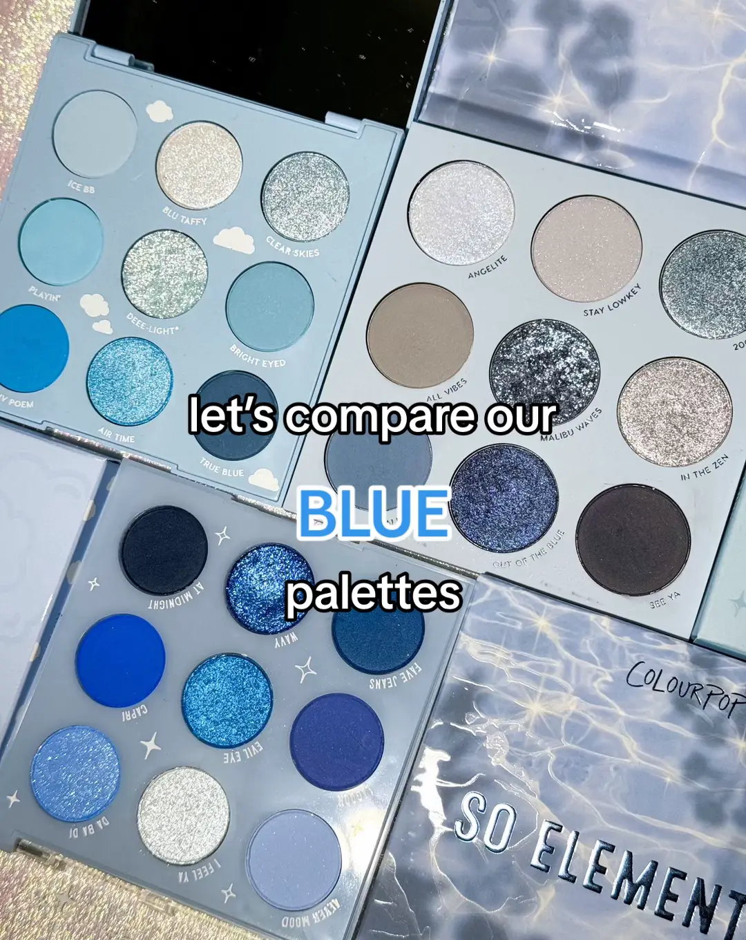 On Cloud Blue 🩵☁️: We’ll take you sky high with this baby blue palette! Swipe on all the blue feels! From icy to denim to true baby blue, this dreamy palette has it.  Blue Velvet💙: Have all the feels with 9 baby blues to navy hues in Matte, Metallic and Matte Sparkle finishes.  Cloud 9☁️: Be on cloud 9 with silvery blues, dreamy shimmers and cool neutrals to create the perfect soft looks. So Elemental🩶: Chill out with cool blissful blues and serene sparkling silvers in Matte, Metallic and Pearlescent Glitter finishes. New to the ColourPop family!!  #colourpop #colourpopcosmetics #colourpopco #colourpoppalette 