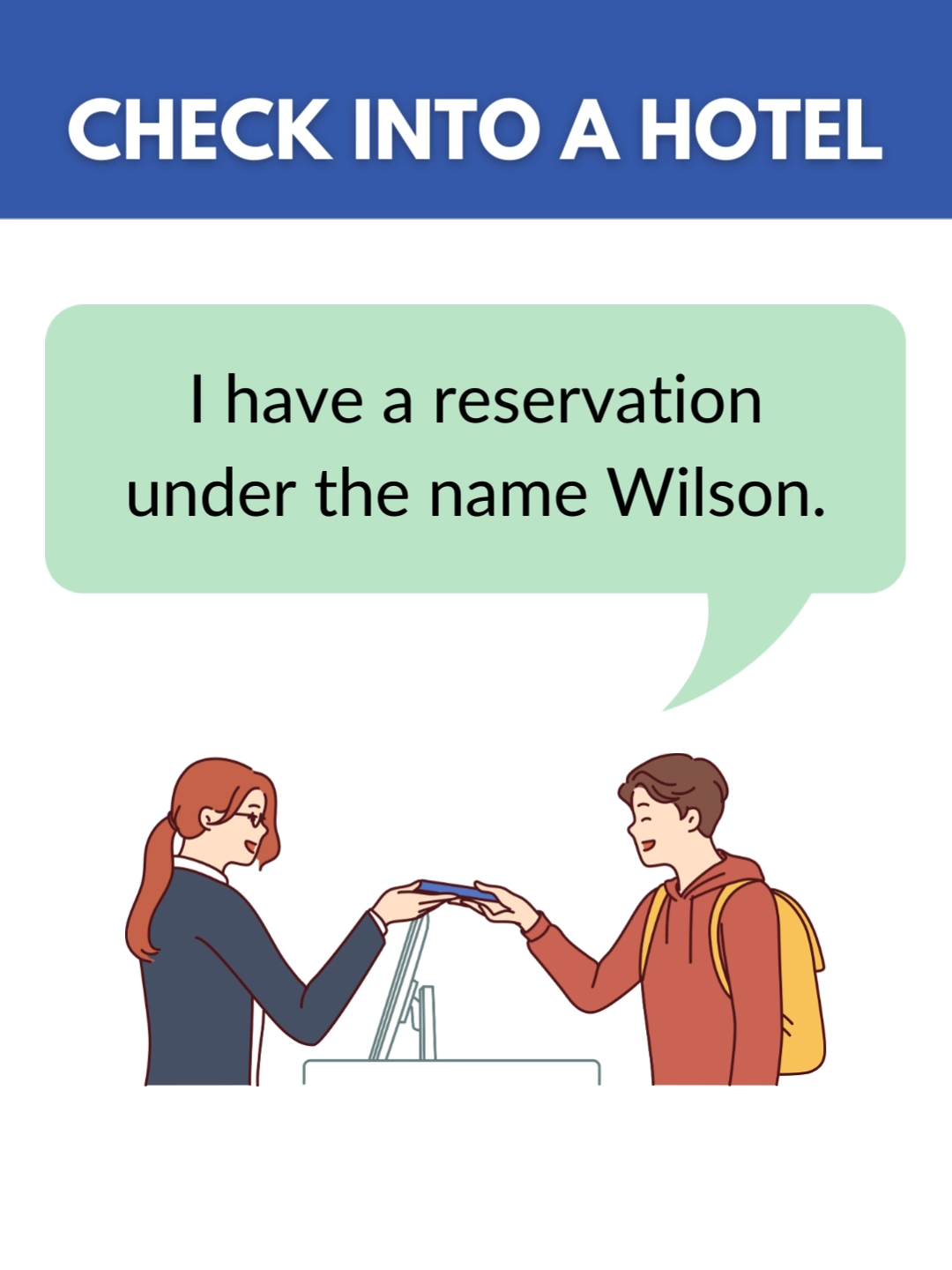 English Conversation - Check Into A Hotel ✅ Download the Vocab App now and start learning English today! (LINK IN BIO) https://www.vocabtech.com #travelenglish #hotelvocabulary #travelvocabulary #atthehotel #hotelconversation #checkin #everydayenglish #englishspeaking #englishspeakingpractice #englishconversation #englishfortravellers #dailyenglishconversation #learnenglishonline #learnenglish