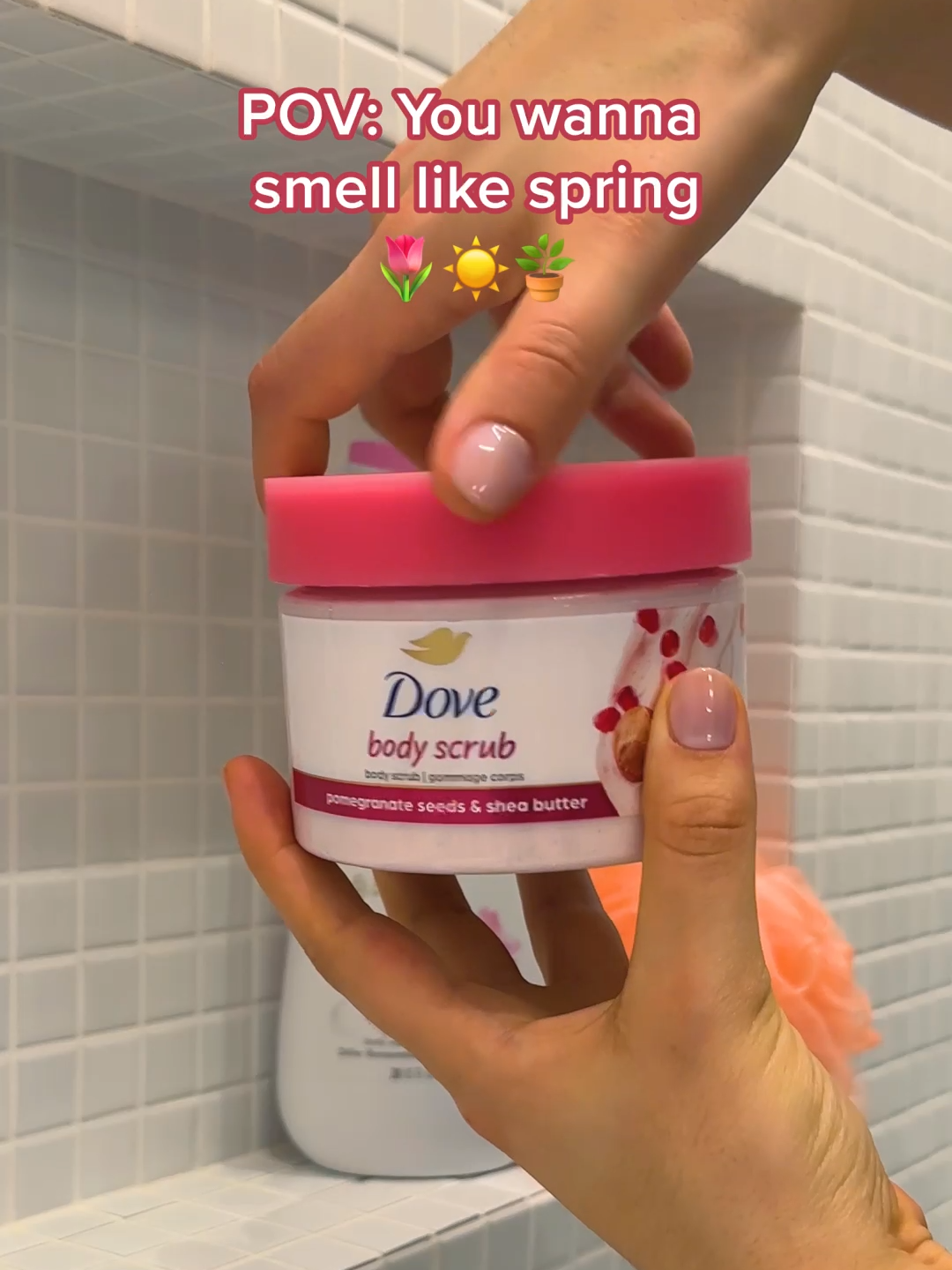 Fruity, floral and fresh ✅ You have try this spring scent combo ☀️ -Pomegranate Seeds & Shea Butter Body Scrub - Peony & Rose Oil Body Wash - Advanced Care Cucumber & Green Tea Antiperspirant Stick #Dove #FreshScents #Deodorant #UnderarmCare #Fragrances