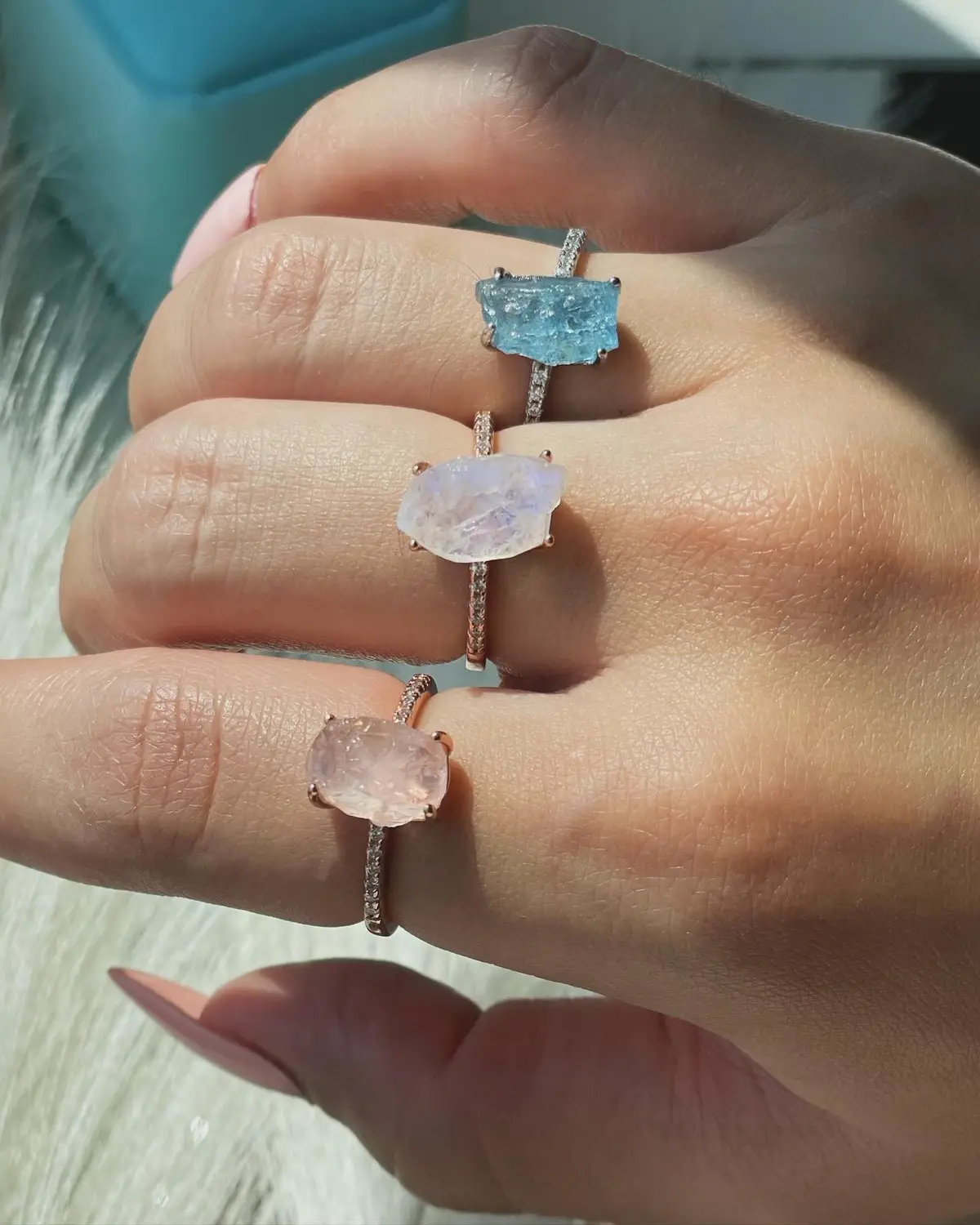 Hey beauties! Meet The Nobles ✨ Moonstone, Rose Quartz, and Aqua Marine. Their natural beauty is ready to be the staple of your outfits✨#moonsightjewelry #jewelry #beautifulrings #rosequartzjewelry #moonstonejewelry #aquamarinejewelry #affordablejewelry #springjewelry 