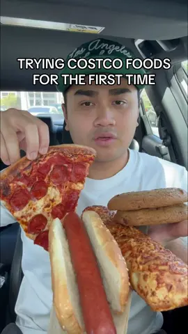 Trying Costco Foods for the first time! #fyp #foryou #costco #pizza #chicken #hotdog #tastetest #mukbang #review 