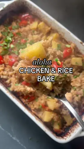Aloha🍍Chicken & Rice Bake // My son swears you can get arrested for putting pineapple on pizza, but is all for this chicken and rice dinner with the same great sweet and savory flavors that’s an easy and delicious make ahead option for busy weeknights. Enjoy!  #Recipe 1/4 cup honey, maple syrup, or brown sugar 1/2 cup low sodium soy sauce 2 garlic cloves, minced 1 cup chicken broth 1 cup uncooked white rice 1/2 cup red onion, diced  1 red bell pepper, chopped 1 cup pineapple, chopped 1 lb chicken breast or tenderloins, diced into 1-inch pieces In a bowl, whisk together honey, soy sauce, garlic, and chicken broth. To a baking dish, add the uncooked rice, onion, bell pepper, pineapple and chicken. Top with soy sauce mixture and mix to combine. Cover the baking dish with foil and bake at 425F for 50 minutes. Then, uncover, stir ingredients, and return to the oven, uncovered, and bake for an additional 10 minutes, until chicken is cooked through and rice is tender. Let stand 5 minutes before serving.  #pineapple #chickenandrice #DinnerIdeas #dumpandbake  #easydinner #EasyRecipes #healthyrecipes #casserole 