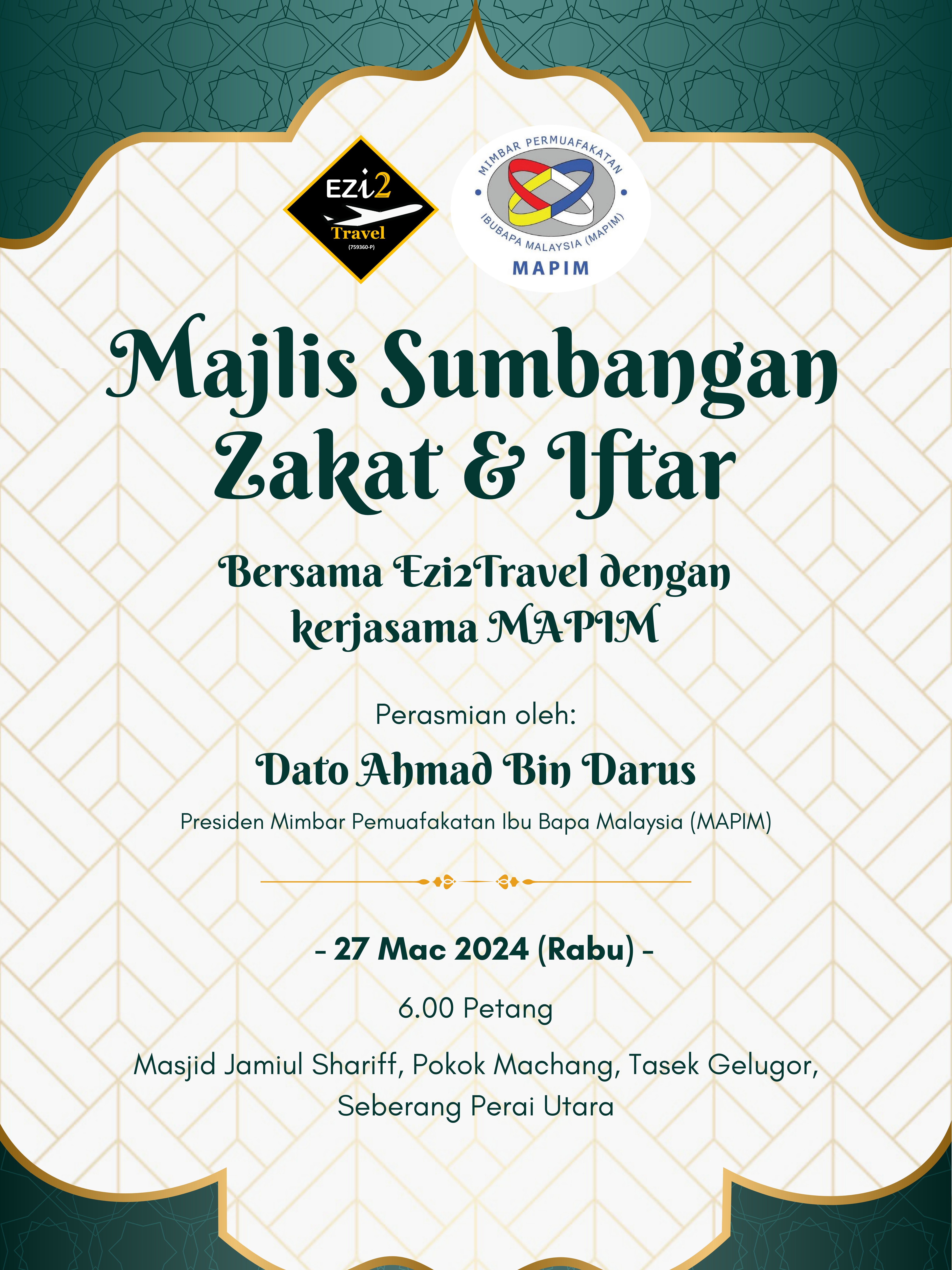 Temubual secara ringkas oleh pihak ezi2travel bersama Dato Ahmad Bin Darus, Presiden Mimbar Permuafakatan Ibu Bapa Malaysia (MAPIM) di Majlis sumbangan zakat dan iftar anjuran Ezi2Travel Sdn Bhd bersama MAPIM. #ezi2travel #jomumrahbersamaezi2travel #umrahbajet #umrah2024 #umrah #umrahmurah #umrahrahmah #Ramadan #programramadhan2024