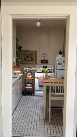 Hated my kitchen when i moved in but i think its starting to grow on - definitely helps when sunlight comes in through the tiny skylight🥰  #homedecor #apartmentdecor #kitchendesign #vintagehomedecor #thrifthomedecor 
