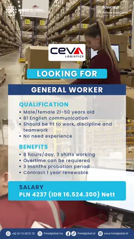 A global company Ceva Logistics looking for general worker! Selengkapnya cek di bio untuk lebih banyak info lowongan kerja Contact us 📲+62 811 3507 070 Join now 🌐www.hiredglobal.id Powered by PT. Permata Sukses Abadi #hiredglobal #poland #slovak #europe 