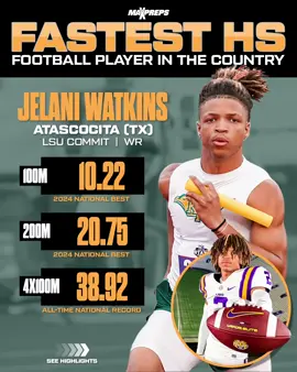Four-star LSU WR commit Jelani Watkins of Atascocita (TX) has got off to a FAST start this track & field season. 💨 laaared_  on IG Jelani Watkins and his 4x100m teammates set a new national record, breaking the previous mark set by Fort Worth Wyatt (TX) in 1998, with a lightning-fast time of 38.92 on March 23, 2024. ( @Twizzy.t6 / ll.fontenot on IG / jordann_parkerr on IG / @uiltexas  ) 🎥 speed_guru / 📸 lsufootball *Times & Rankings are according to @MileSplitUSA 