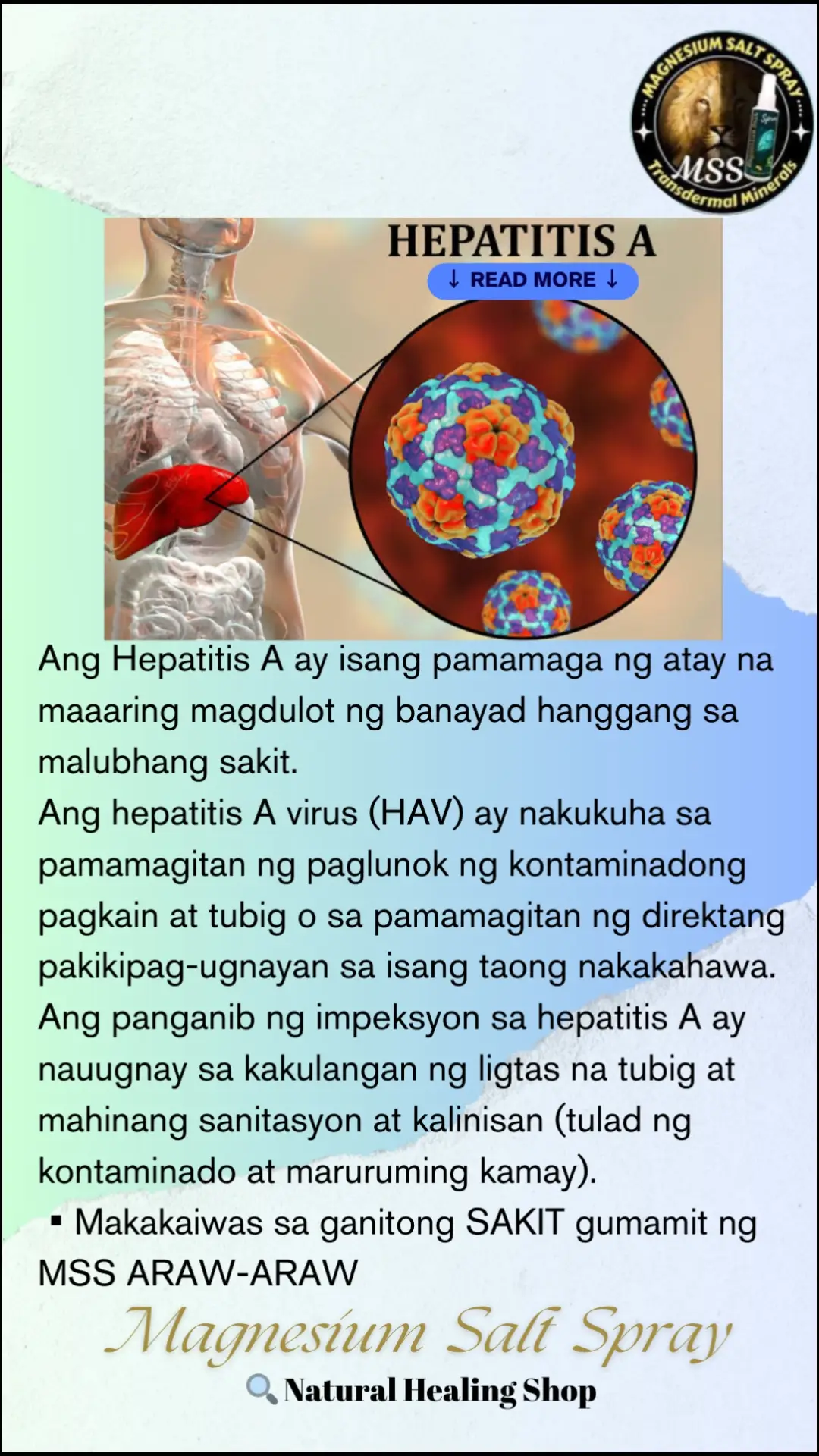 Ano nga ba ang MSS o MAGNESIUM SALT SPRAY? Ito ay pinagsama-samang nga MINERALS,pangunahin ang MAGNESIUM, na inilagay sa isang bote at ipinapahid lang sa BALAT o sa apektadong bahagi,NAPAKALAKI ng kinalaman ng pagkakaroon ng ibat-ibang karamdaman kapag NAWAWALAN ng SAPAT na MINERALS o kaya hindi ito balanse, kaya kapag nabigyan mo ng sapat na minerals ang katawan mo kusang magsisiwalaanbang mga nararamdaman dahil naa-ACTIVATE nito ang NATURAL HEALING MECHANISM,lalo Kong masasabayan ng iba pang mga bitamina lalo ng mayaman sa Bvitamins o Bcomplex,at SAPAT na inom ng tubig,tulog at ehersisyo at makapag paaraw, alisin ang galit sa puso, piliin laging sumaya. Ang kahit anong karamdaman ay maaring GUMALING kapag naibigay mo ang kakailanganin ng iyong katawan. #MSS  #allinone #miraclespray #NATURALnaPANLUNAS #MAGNESIUMsaltSPRAY #naturalnapanlunasadvocate #pisikpisiktanggalangmgasakit #TRANSDERMALmineralSUPPLEMENT #foryou#health#magandangprodukto 