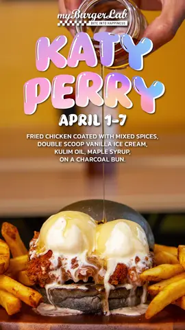 Starting today (April 1st), you can treat yourself to The Katy Perry Burger! Come over and try this one of a kind Ice Cream🍦 + Fried Chicken 🍔 at all myBurgerLabs starting tomorrow! You’d be a fool 🤡 not to give it a go ❤️  How do we describe it.. It’s almost better than kissing a girl. It’s like there’s fireworks exploding in your mouth in every bite. It’s Hot n Cold, sweet and savory, soft and crunchy all in a bite. Bon Appetite!