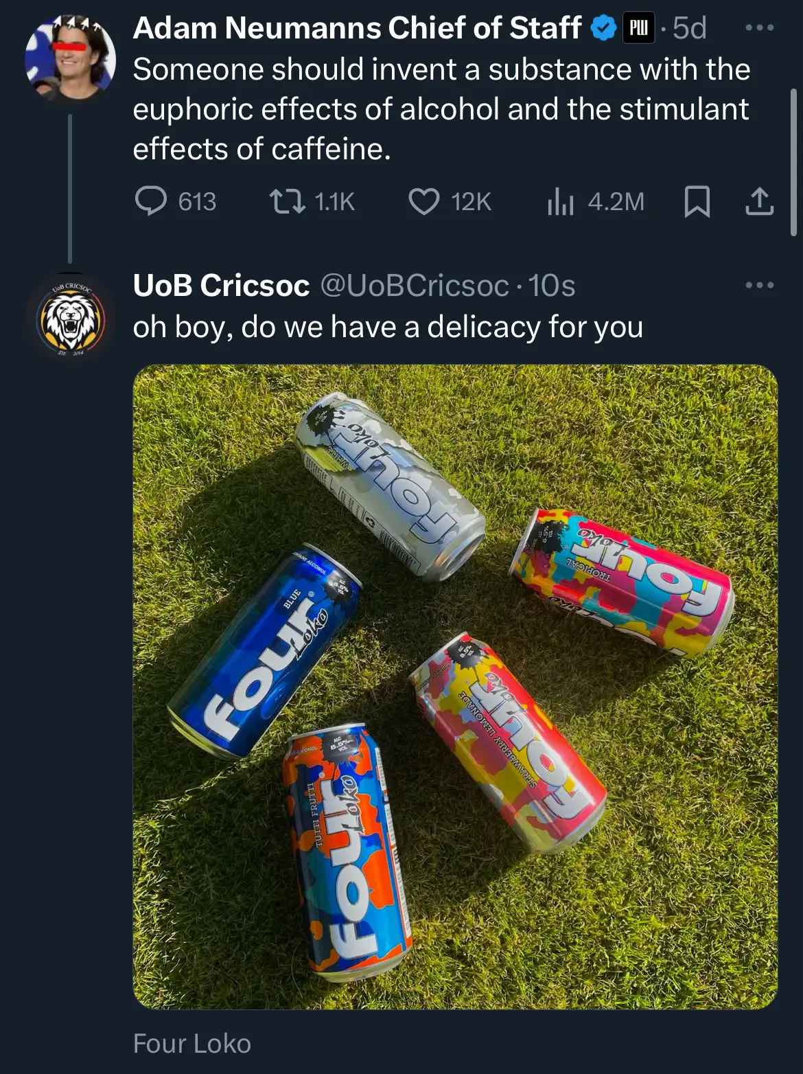 @Four Loko UK , a cricsoc classic #cricsoc #cricket #socialcricket #social #unisocial #university #sportsnight #over18 #drinkresponsibly #birmingham #uobirmingham #student #studentlife #guild #fourloko #dragonsoop #retweet #drinking #nightout #tuttifrutti #beverage #alcohol #foryou #4u #foryourpage #fyp #viral