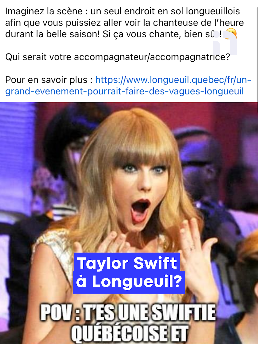 As-tu cru toi aussi que Taylor Swift allait faire un arrêt au Québec? Eh bien non! Comme la Ville de Longueuil, plusieurs personnalités québécoises ont profité du poisson d'avril pour s’amuser. Clique sur le lien dans notre bio pour voir ce que @mathduff  a fait! #taylorswift  #noovoinfo #tiktokquebec #poissondavril