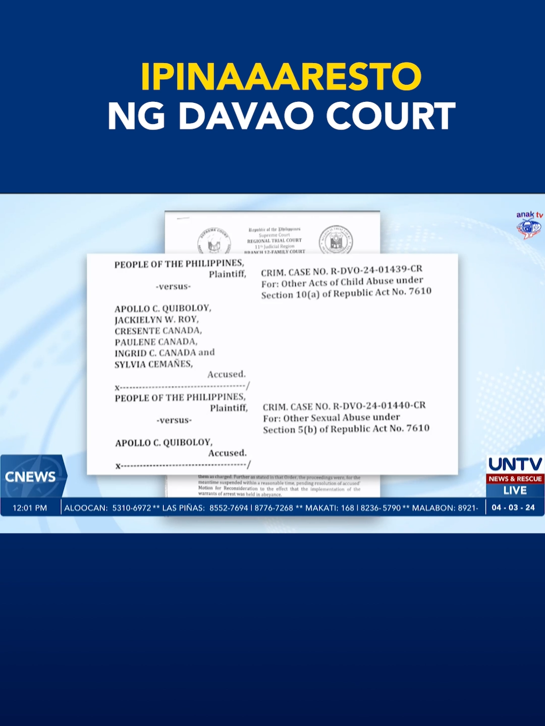 Arrest warrant vs Quiboloy at 5 iba pa, inilabas ng Davao Court kaugnay ng sex abuse charges #newsph #untvnewsandrescue #untv