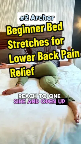 Twist: Do 10 to 15 reps per side. You can place a pillow on both sides to reduce range of motion.  Archer: Do 10 slow reps per side. If you can’t bring your knee across your midline, keep them together. The important part is the rotational movement in the upper body. Follow your range of motion.  Cat Cow: Inhale as you arch your back, dropping your belly towards the floor and lifting your head and tailbone towards the ceiling (cow position). Exhale as you round your spine, tucking your chin to your chest and tucking your tailbone under (cat position). ChiId’s pose: Sit back on your heels, then lean forward, lowering your torso between your thighs. Extend your arms out in front of you or alongside your body, and rest your head on the bed. Breathe deeply and hold the pose, allowing your back to gently stretch and relax. #stretch #lowerbackpain #backpain #stretching #homeworkout 