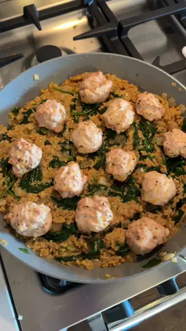 Lemon chicken meatballs + creamy rice:  Steps:  1. Preheat oven to 400  2. Dice up 1 whole white onion and mince 6ish cloves of garlic  3. Sauté onion over med heat for 5 min until translucent   4. Add garlic and stir for 1 min 5. Add 1.5 cups rice (i like the Right Rice brand) and let toast for 5 min 6. Add 1.5 cups chicken or veggie broth 7. Add .5 can coconut milk  8. Add juice of 1 lemon and stir to combine.  9. Cover and let sit for 15-20 min until rice is cooked.  FOR MEATBALLS:  10. While rice is cooking, make meatballs with 1 lb ground chicken or turkey.  2. Add zest of 1 whole lemon, salt, pepper, oregeno, basil to taste 3. Combine and make meatballs  4. Place on baking sheet and cook at 400 for 25 min.  5. Once rice is done, add in as much spinach as you like and mix in until its wilted.  6. Add back in cooked meatballs to the pan and add extra lemon juice! This makes about 4 servings so its perf for meal prep or for serving multiple people!  #75hardchallenge #75hardresults #75meal #healthydinner #glutenfree #dairyfree 