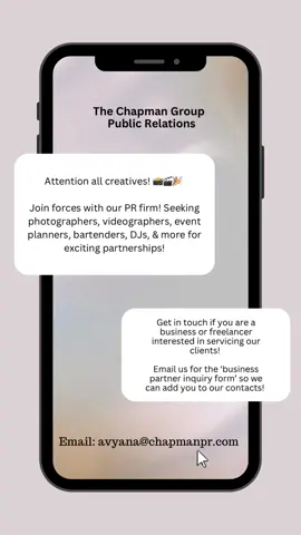 👀 We're actively seeking out exceptional partners across various fields – whether you're a talented photographer, videographer, event planner, marketing firm, mobile bartender, DJ, website designer, accountant, and more.  🚀 Ready to become the driving force behind our clients' success stories?  Join forces with our dynamic PR firm and take your business to new heights while helping our clients! 🤝 Let's collaborate to create unforgettable experiences while elevating your brand and delivering exceptional services to our clients.  📧 Reach out to explore partnership opportunities and let's work our magic together! DM us or email avyana@chapmanpr.com to fill out a form and secure your spot on our preferred vendor list. #TheChapmanGroup #ChapmanPR #Smallbusinesses #SmallBusiness #photographer #videographer #eventplanner #businesspartnerships #DJs #femaleentrepreneur #entrepreneur 