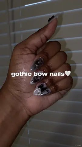 These gothic bow nails are so cute and trendy! It comes with pre glued stickers but I like to use nail glue for longevity! 😍 #ttsacl #tiktokshop #fyp #tiktokfinds #tiktokmademebuyit #nails #pressonnails #naildecor #bownails #nailaccessories 