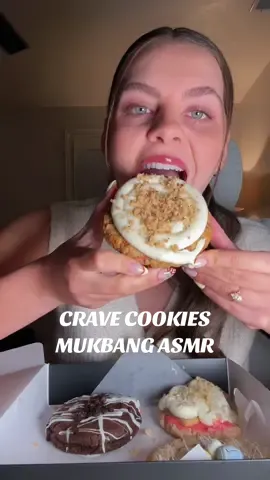 CRAVE COOKIE MUKBANG 🍪✨ I don’t usually like carrot cake but that one surprised me it’s so good! If you have a Crave near you, what is your favorite cookie this week?  #cravecookies #crunchyasmr #mukbang #cookiemukbang #gourmetcookies #giantcookies #uniquecookies #dessertmukbang #foodtiktok #desserttiktok #crunchycookie #frostedcookies #mukbangasmrfoods #foodasmr 
